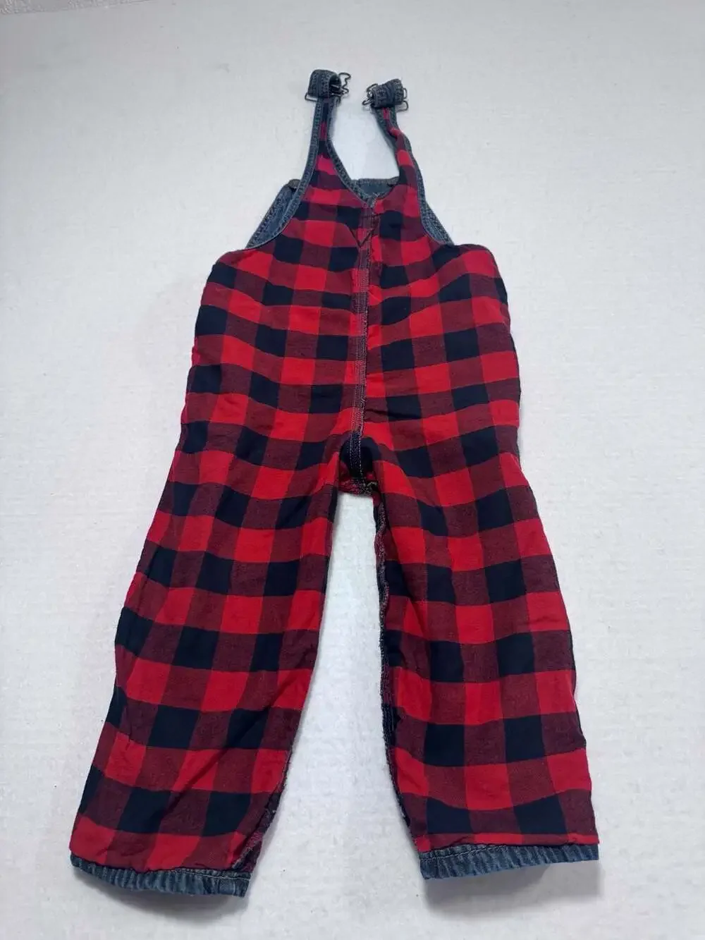 OshKosh B’gosh Toddler Denim Bib Overalls Red Plaid Lined Size 3T